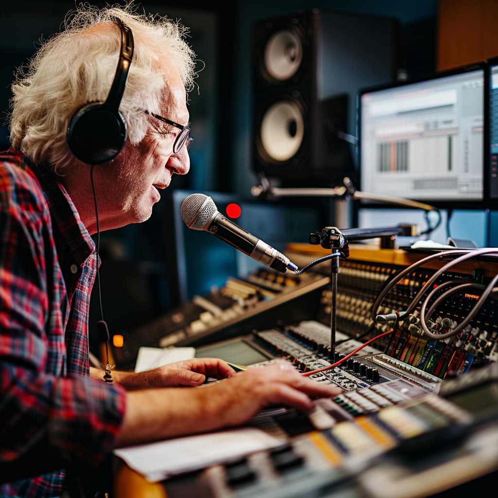 Presenter live on air at the mixing desk in Radio Siamsa
